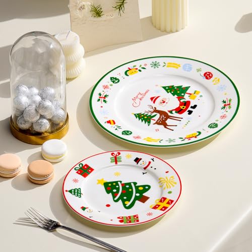 8-inch Fine Bone China Christmas Dessert Plates Set of 4, Red Green Holiday Design in Gift Box