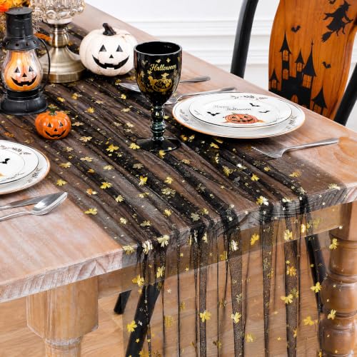 B-COOL Black Gold Bow Halloween Table Runner 3pcs 28x120in Tulle Gauze Decor