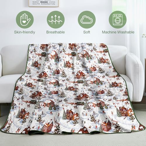 Yiran Red Cottage Christmas Quilt Set Queen Size with Deer Snowman Village, 104x90 inches