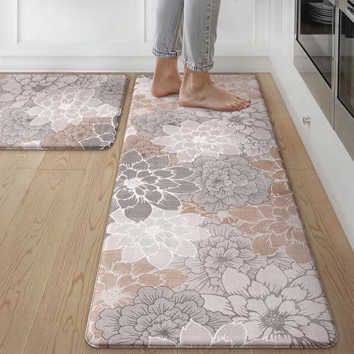 GENIMO Anti-Fatigue Kitchen Floor Mats Set 17.3x47 & 17.3x30 Taupe Grey Waterproof Non-Slip
