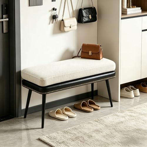 32" Retro Upholstered Entryway Bench with Removable Linen Cushion