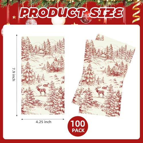 100 Pcs Christmas Red Toile Napkins Disposable Guest Hand Towels