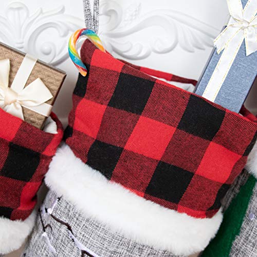 20-Inch Christmas Stockings Set of 6 - Gray Burlap & Red Plaid Faux Fur