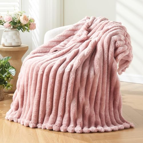 NEWCOSPLAY Pink Ribbed Fleece Throw Blanket 50x60