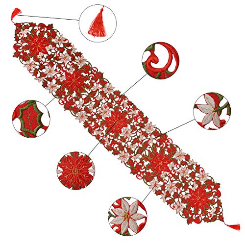Simhomsen 13x120 Inch Embroidered Christmas Poinsettia Table Runner with Removable Tassels