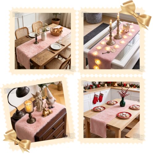 MAOFENG Pink Faux Fur Table Runner 59.1 Inch - Luxury Christmas Home Decor