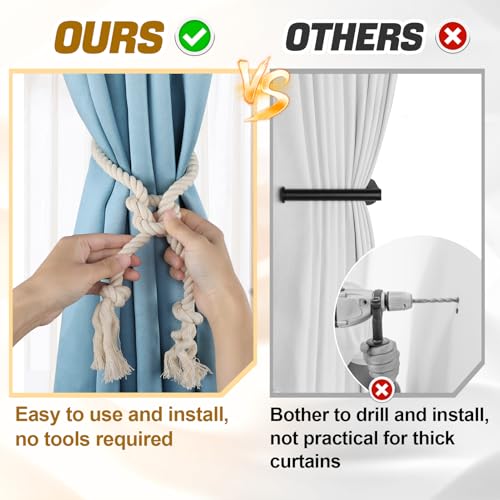 4 Pcs Hand-Woven Cotton Curtain Tiebacks, Boho Farmhouse Drapery Rope 39"