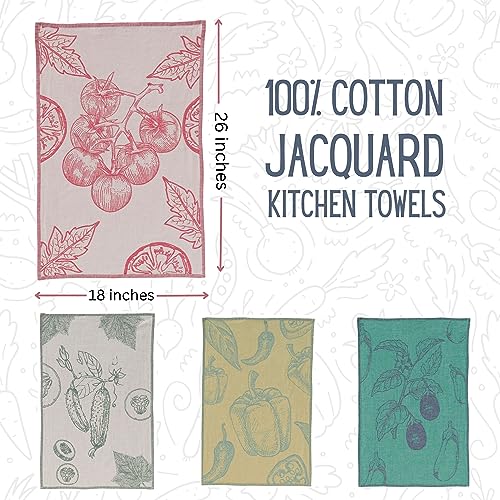 100% Turkish Cotton Kitchen Dish Towels, Jacquard Vegetable Print Set of 4