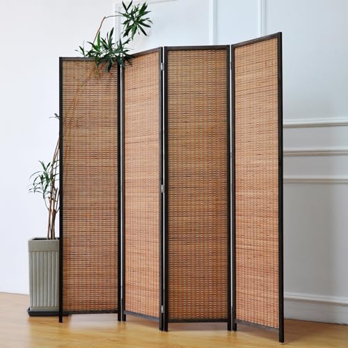 Furnnylane Brown 4-Panel Bamboo Room Divider - 5.6 ft Tall Folding Privacy Screen