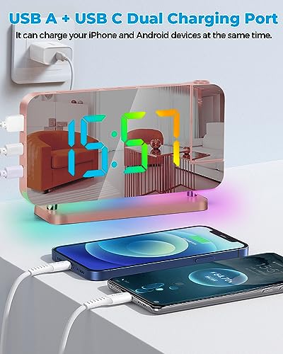 Projection Alarm Clock with RGB LED Mirror Display and USB-C Charging Port
