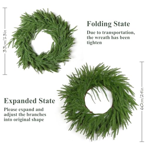 24in UXORSN Green Norfolk Pine Wreath - Artificial Christmas Front Door Decoration