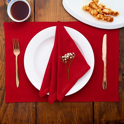 Red Hemstitch Cotton Napkins – 18x18 Set of 6 (Rustique Linens) Crimson