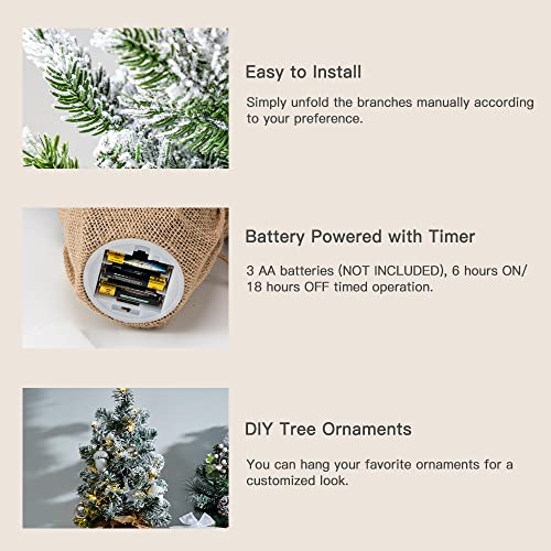 DECSPAS 2FT Pre-lit Snowy Mini Christmas Tree with 20 LED Lights, Red Berries & Pine Cones - Tabletop Holiday Decor