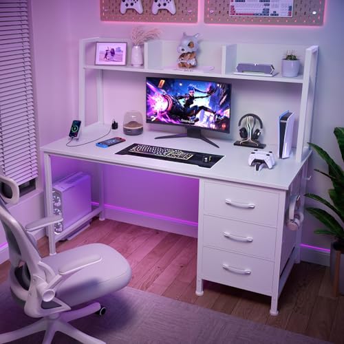 47-Inch Computer Desk with Hutch, 3 Drawers, and Power Outlets