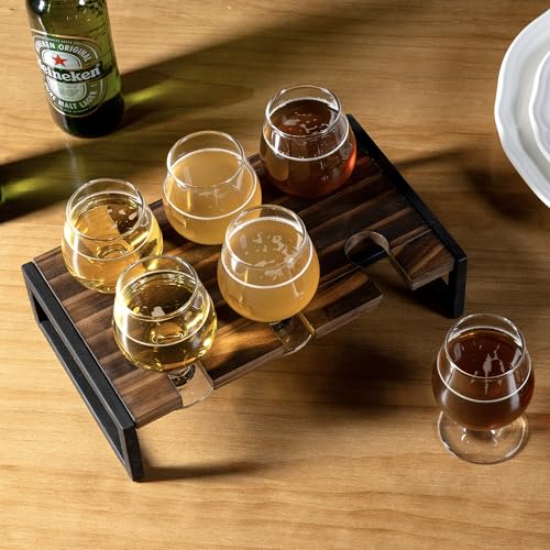 Burnt Wood Beer & Whiskey Flight Tasting Set with 6 Glasses & Tray