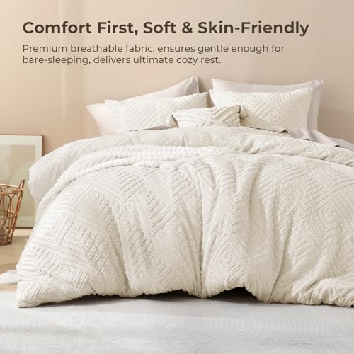 King Size Beige Tufted Boho Comforter Set - 3-Piece Lightweight Bedding Set