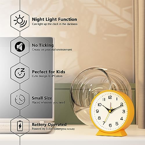 Silent 4.5" Retro Analog Alarm Clock - Non-Ticking Metal Desk Clock (Orange)