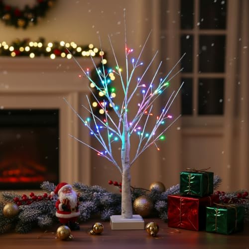 White Birch Tree with 72 RGB LED Lights & Remote - Indoor Christmas & Holiday Decor - 2ft Spirit Twinkling Tree