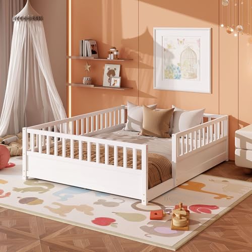 Queen Montessori Floor Bed Frame with Safety Fence, Solid Pine Wood