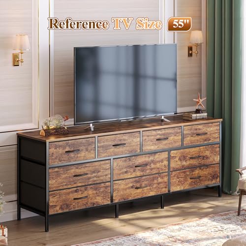 63-Inch Wide Dresser with 10 Fabric Drawers, Rustic Brown TV Stand