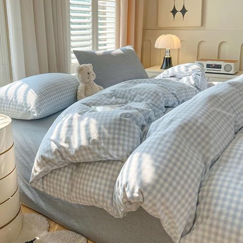 Blue Gingham Duvet Cover Set - Queen Soft Washed Microfiber Bedding