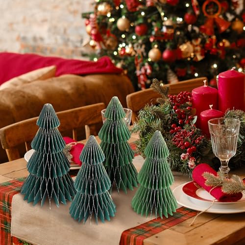 Aneco Green 9 Pcs Honeycomb Christmas Trees Set with Glitter Edges - Medium Size Holiday Decor