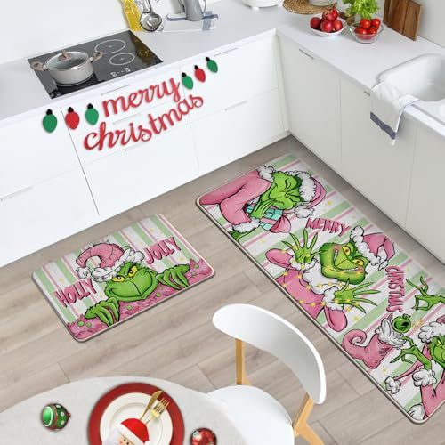 Pycat Holly Christmas Cartoon Character Kitchen Rugs Set of 2