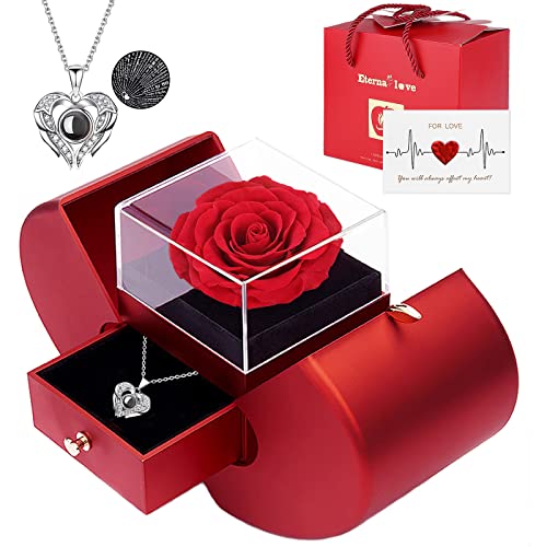 Preserved Real Rose Gift Box with 100 Languages Projection Necklace