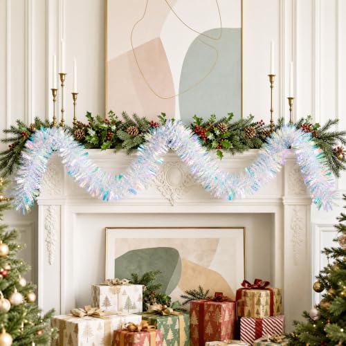 Aufee Iridescent Metallic Christmas Tinsel Garland 20ft for Indoor & Outdoor Decor