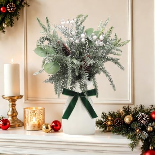 Hanmere Artificial Christmas Pine Branches with Vase - Red Berry, Green Variation