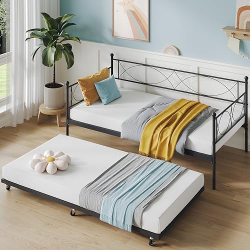 Metal Twin Daybed Frame with Wheeled Pull-Out Trundle & Steel Slats