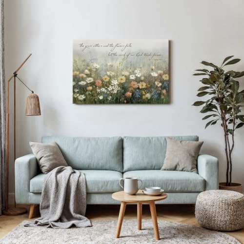 BewDalky Christian Floral Canvas Wall Art - Bible Verse & Wildflowers, Wrapped Canvas, 30 x 20 inches, Yellow White