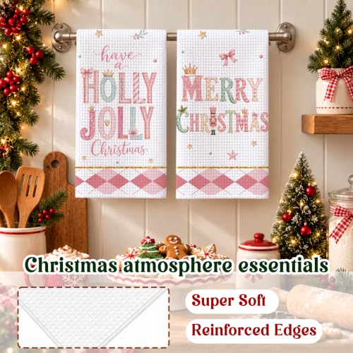 Dainty Pink Holly Jolly Christmas Kitchen Towels Set of 2 - Holiday Farmhouse Decor