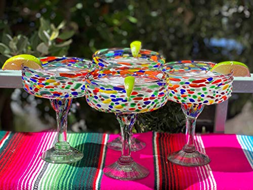 Dos Sueños Mexican Hand Blown Margarita Glasses Set of 4 | 16 oz Authentic Confetti Rock Glassware
