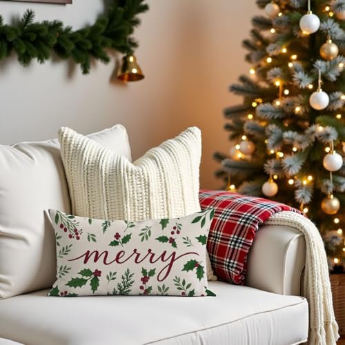 HERHOME Red & Green Christmas Throw Pillow Cover 20x12 with Holly Berries