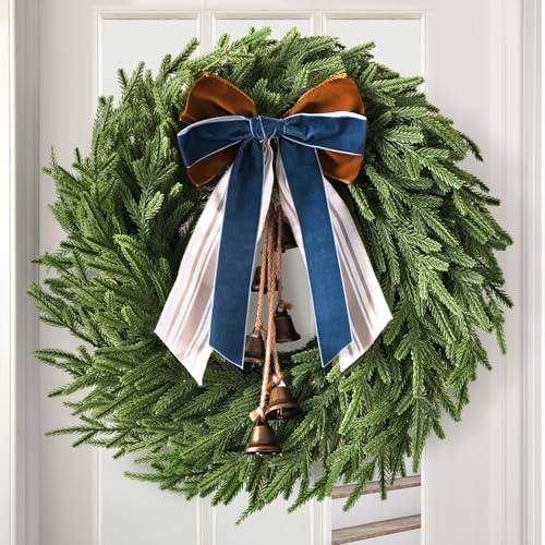 22 Inch Norfolk Pine Christmas Wreath with Bells and Ribbon - Rustic Holiday Decor
