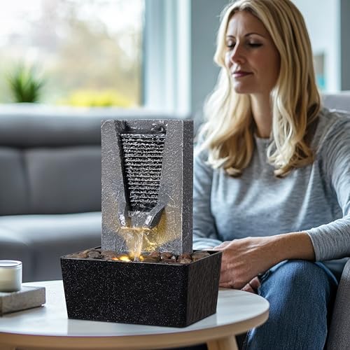 Desktop Water Fountain with LED Light, Small Zen Waterfall for Office Decor