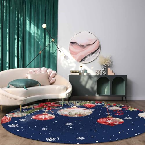 LooPoP 6ft Navy Blue Christmas Round Area Rug Poinsettia Snowflake Home Decor