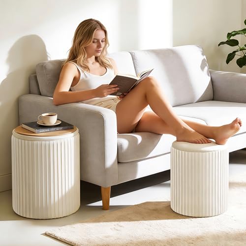 2-Piece Round Velvet Storage Ottoman Set with Reversible Table Lids