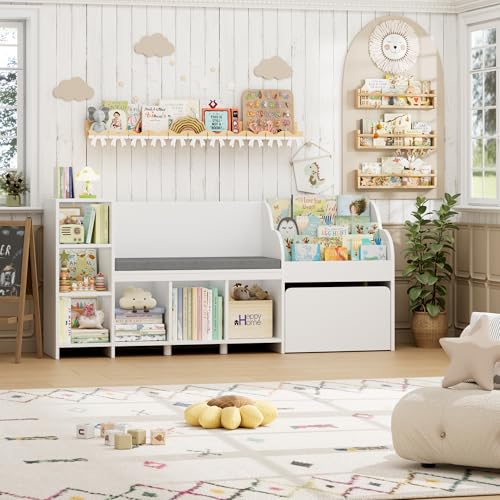 Kids Reading Nook with Bookshelf, Toy Storage Bench, and Mobile Toy Box