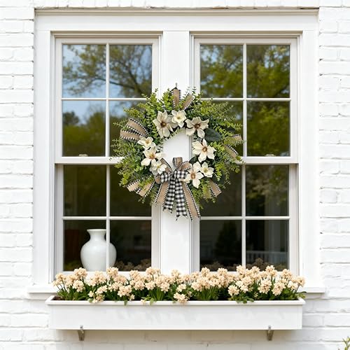 24-Inch Artificial Magnolia Wreath with Buffalo Plaid Bow for Front Door