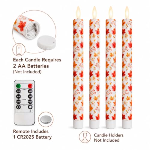 Maple Leaf Flameless Taper Candles with Remote Control - 4 Pack 10 Inch LED Autumn Decor - Variation T-FC-UP4TMB-LEAF
