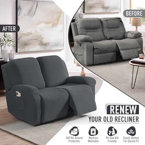 Stretch Loveseat Recliner Covers 6 Piece Set - Charcoal Grey