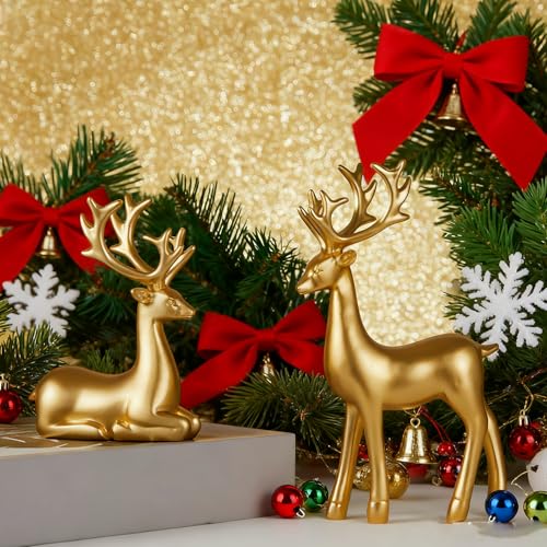 LULU Deer 2-Piece Gold Resin Reindeer Figurines for Christmas Home Decor
