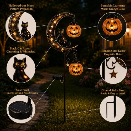 Solar Black Cat & Pumpkin Moon Garden Stake Light - Waterproof Pathway Decor