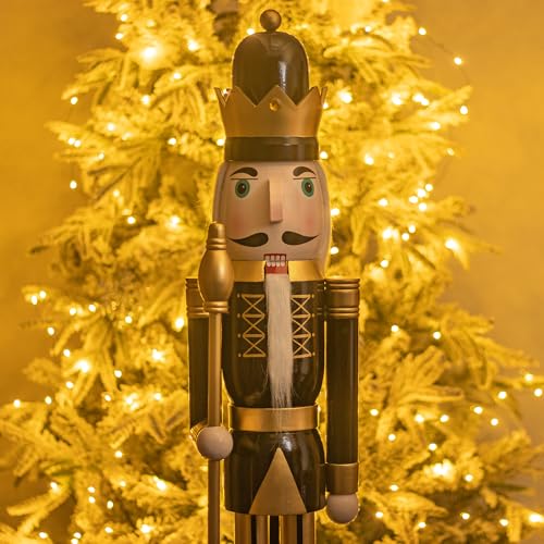 KI Store 4ft Christmas Nutcracker King Figurine – Black & Gold Wooden Soldier for Front Door, Tree & Mantel