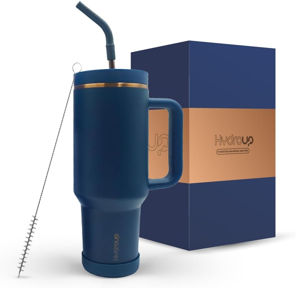 Skiennix 40oz Travel Tumbler Cup - Vacuum Insulated Water Bottle with Handle & Slider Lid | Blue Gold