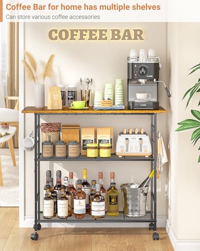 Rolling Kitchen Island with 3 Shelves, Microwave Stand and Coffee Bar