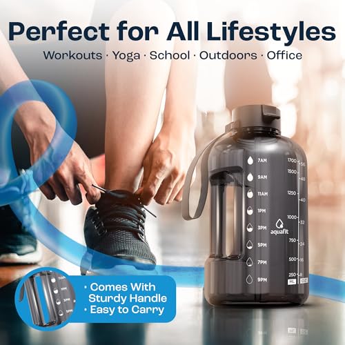 Half Gallon Water Bottle with Time Marker 64 oz Gym Jug with Straw