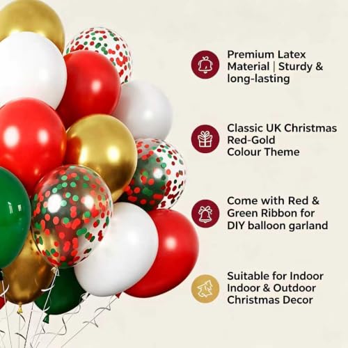 Christmas Balloons Set - Green, Red, White, Gold Latex & Confetti Balloons, Red & Green Ribbons - Xmas Decoration (Variation 2)